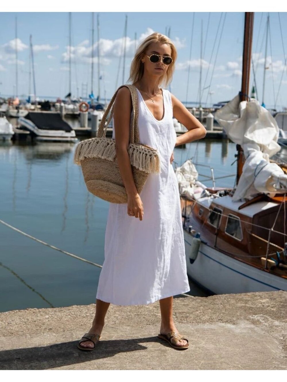 Sauths Nida 100% Linen Dress Sleeveless Pockets Summer Vacation White Medium M